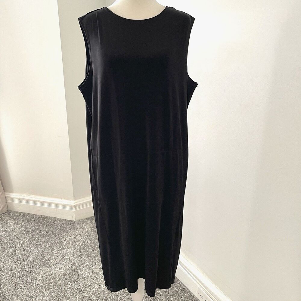 Chicos Travelers Dress Sz 3 Womens XL Sleeveless Black Hi Low Hem Pockets V Back